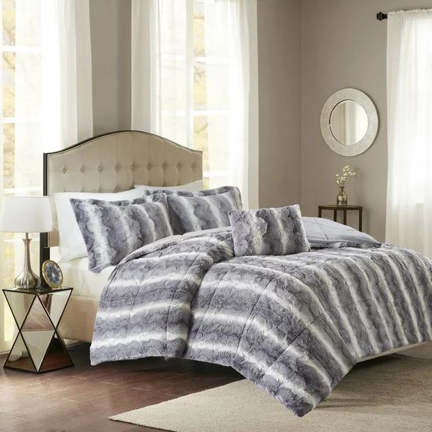 Home Essence Marselle Faux Fur Down Alternative Comforter Set, Grey, Full/Queen | Walmart (US)