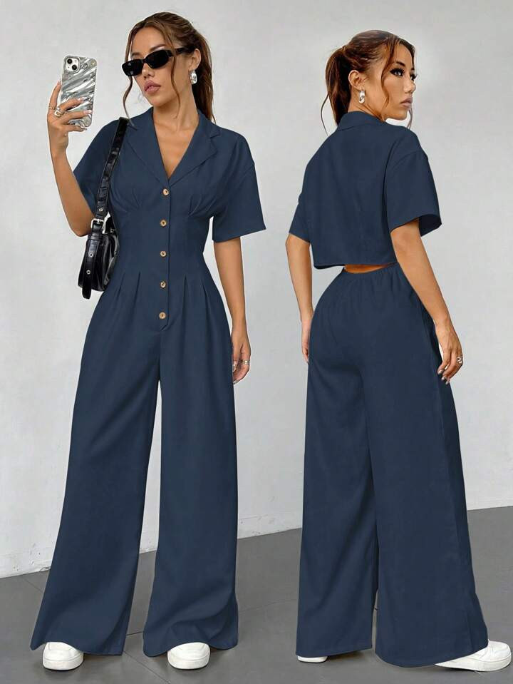 Flirla Women's Minimalist Solid Color Button Half-Placket Jumpsuit, Summer | SHEIN