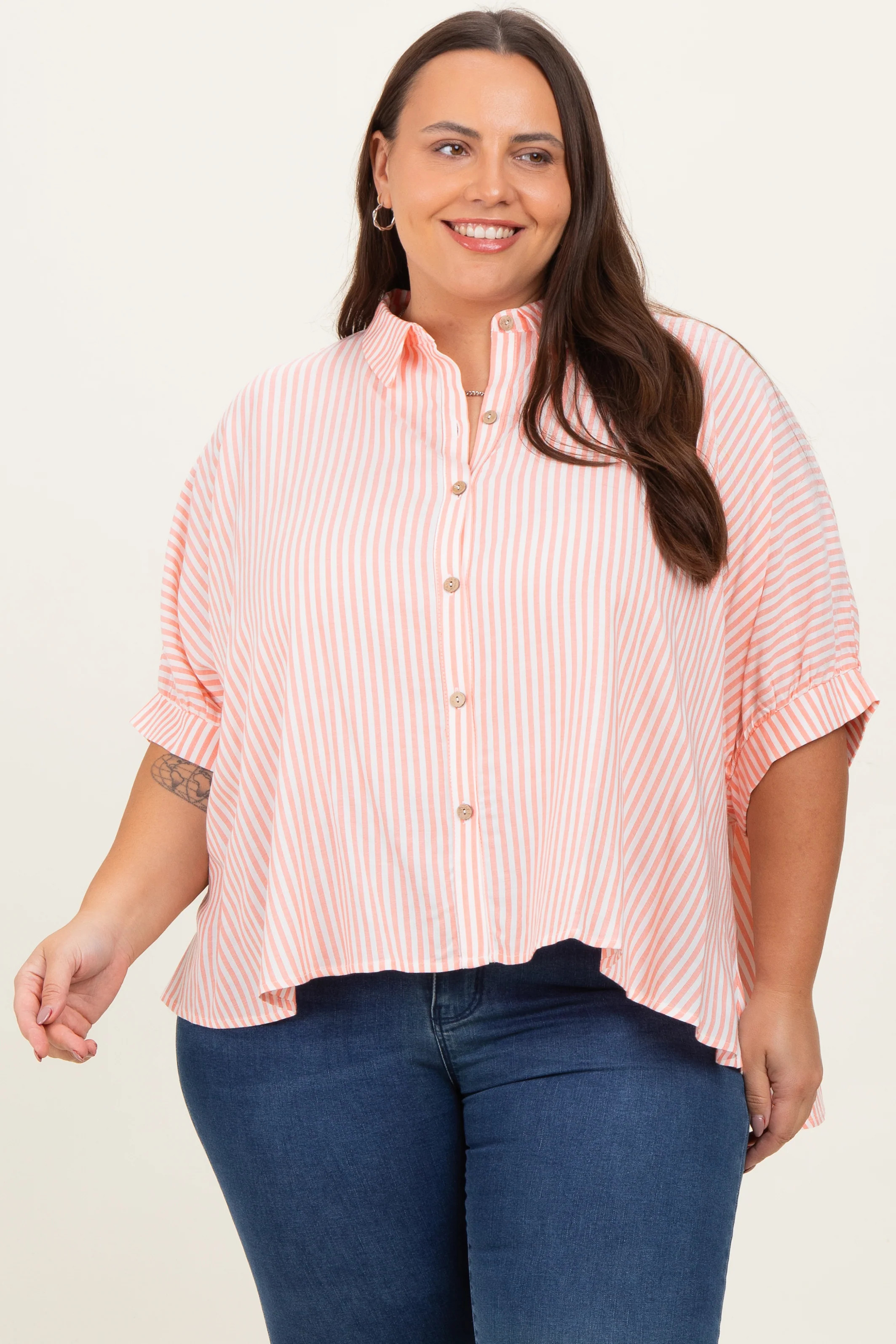 Coral Striped Button Up Short Dolman Sleeve Plus Top | PinkBlush Maternity