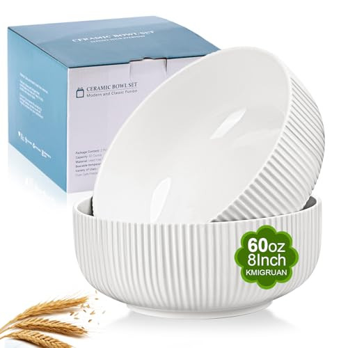 KMIGRUAN 60oz Salad Bowl Set,2 Pack Serving Bowls for Entertaining,8inch Large White Ceramic Bowl for Side Dishes,Soup, Pho, Cereal, Pasta, Fruit, Microwave and Dishwasher Safe | Amazon (US)