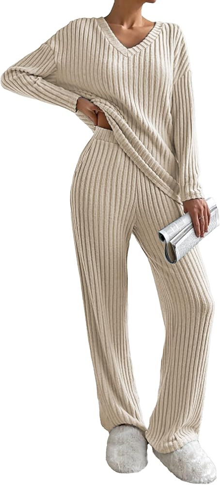 Famulily Women’s 2 Piece Outfits Lounge Sets Rib Knit Matching Pajama Set Long Sleeve V Neck To... | Amazon (CA)
