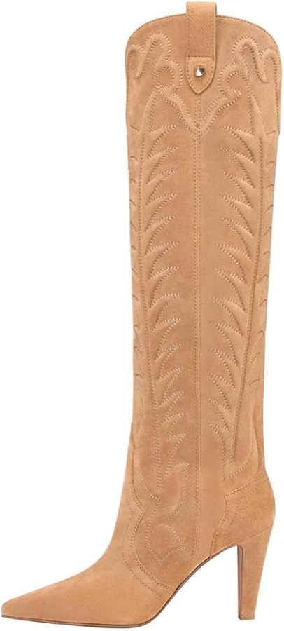 FSJ Women Pointed Toe Cowboy Boots Embroidered Chunky High Heel Knee High Boots Western Pull On F... | Amazon (US)