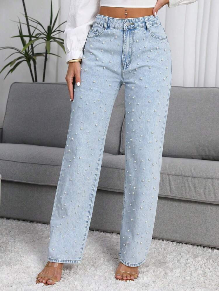 Eleganf Ladies Pearl Detailed Denim Jeans Long | SHEIN