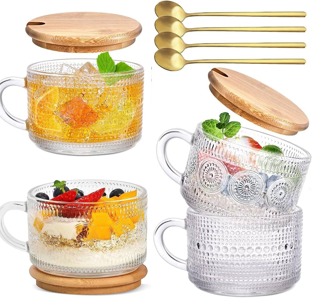 GUUTRY Vintage Coffee Mugs Set of 4: Glass Coffee Cups with Bamboo Lids and Spoons - 14 Oz Clear ... | Amazon (US)