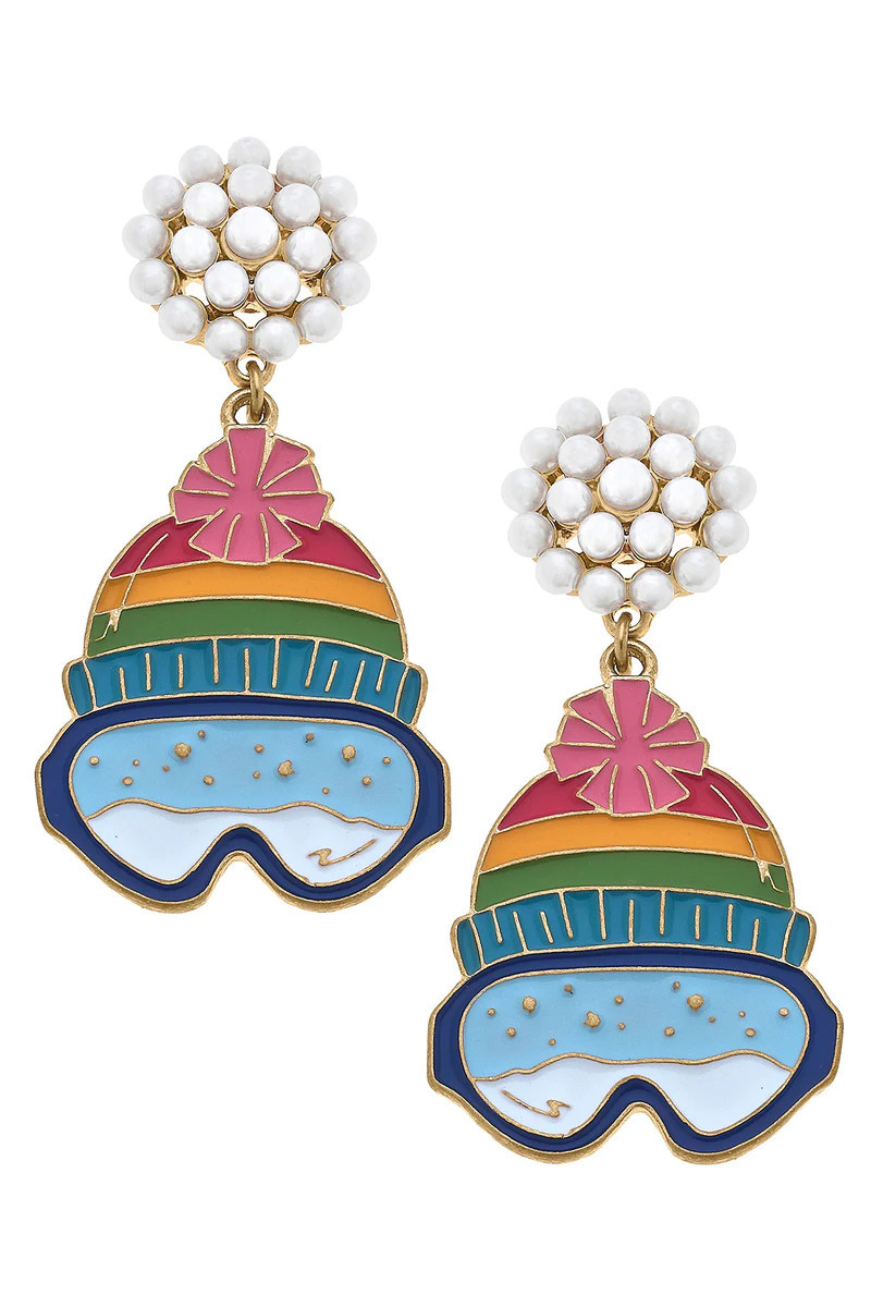 Ski Beanie and Goggles Pearl Cluster Enamel Earrings | CANVAS