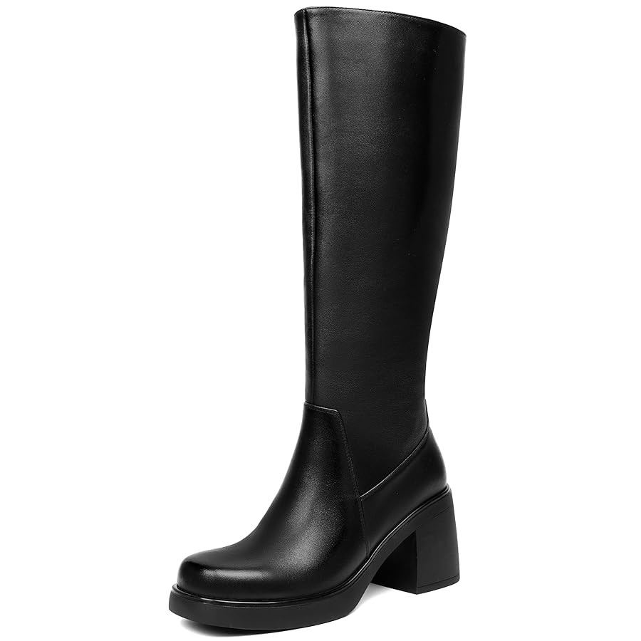 Knee High Boots for Women Square Toe Tall Boots Chunky Heeled Fashion High Boots with Side Zipper | Amazon (US)
