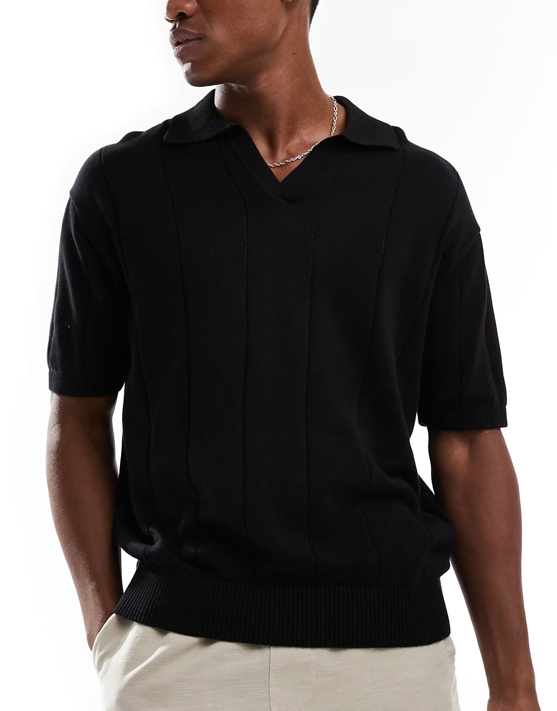 Bershka textured knitted polo shirt in black | ASOS (Global)