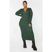Plus Olive Half Zip Collared Detail Midaxi Dress | PrettyLittleThing US