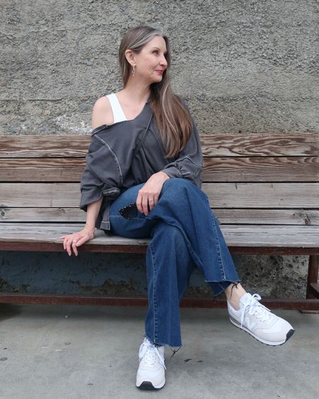 Casual & comfy for spring! #stretchjeans #comfortablejeans #widelegjeans #midsizestyle #styleover50 #sneakers #oversizetop #oversizedsweatshirt

#LTKfindsunder100 #LTKover40 #LTKmidsize