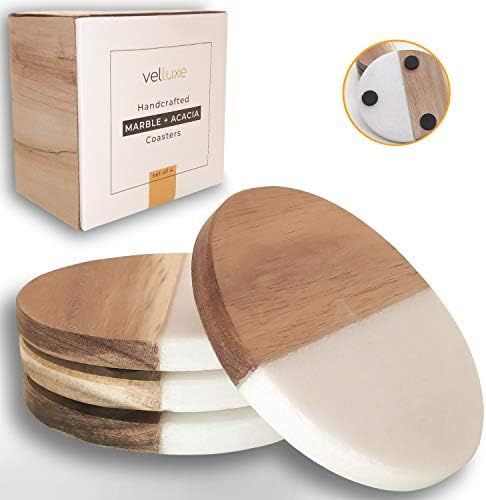 velluxe Coasters for Drinks - Set of 4 Marble & Acacia Wood Coasters, Cups Place Mats for Home Decor | Amazon (US)