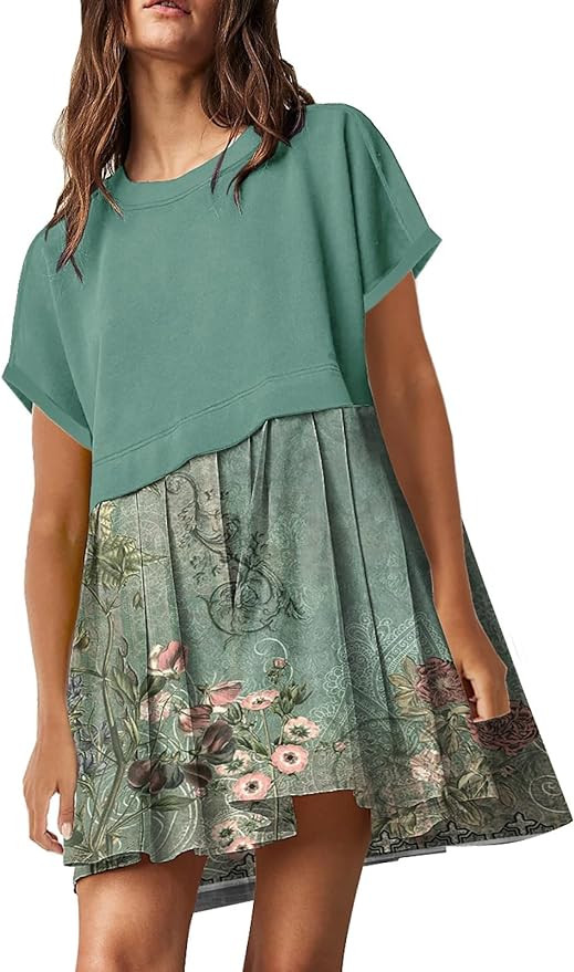 SAUKOLE Womens Summer Crew Neck Short Sleeve Dress Solid Ruffle A Line Beach Boho Long Maxi Dress... | Amazon (US)