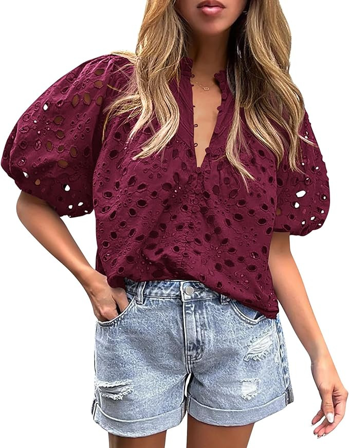 PRETTYGARDEN Women's Summer Tops 2026 Dressy Casual Short Sleeve V Neck Buttons Hollow Eyelet Lac... | Amazon (US)