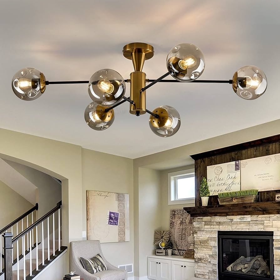 Modern Semi Flush Mount Ceiling Light Fixture 6-Light Sputnik Gold Chandelier with Glass Globe Mid Century Ceiling Lighting for Dinning Room Farmhouse Kitchen Bedroom Living Room. | Amazon (US)