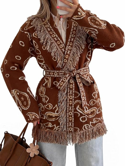 Tankaneo Womens Fringe Cardigan Long Sleeve Paisley Sweaters with Belt | Amazon (US)