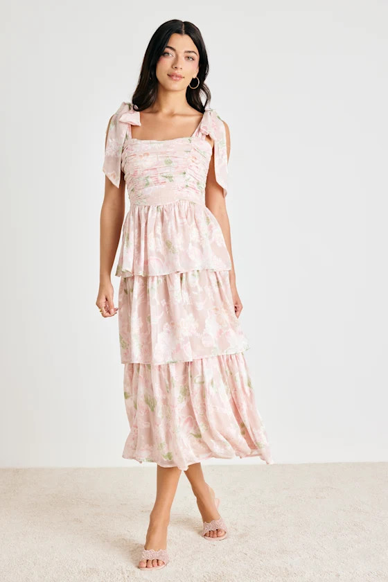 Baina Blush Floral Jacquard Tiered Midi Dress Lulus | Country Outfit | Country Outfits | Lulus