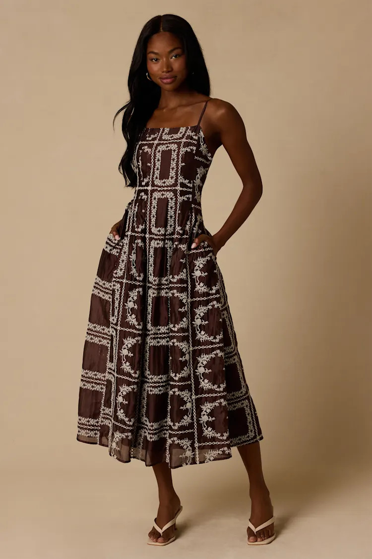 Tassa Brown Embroidered Midi Dress | Lulus