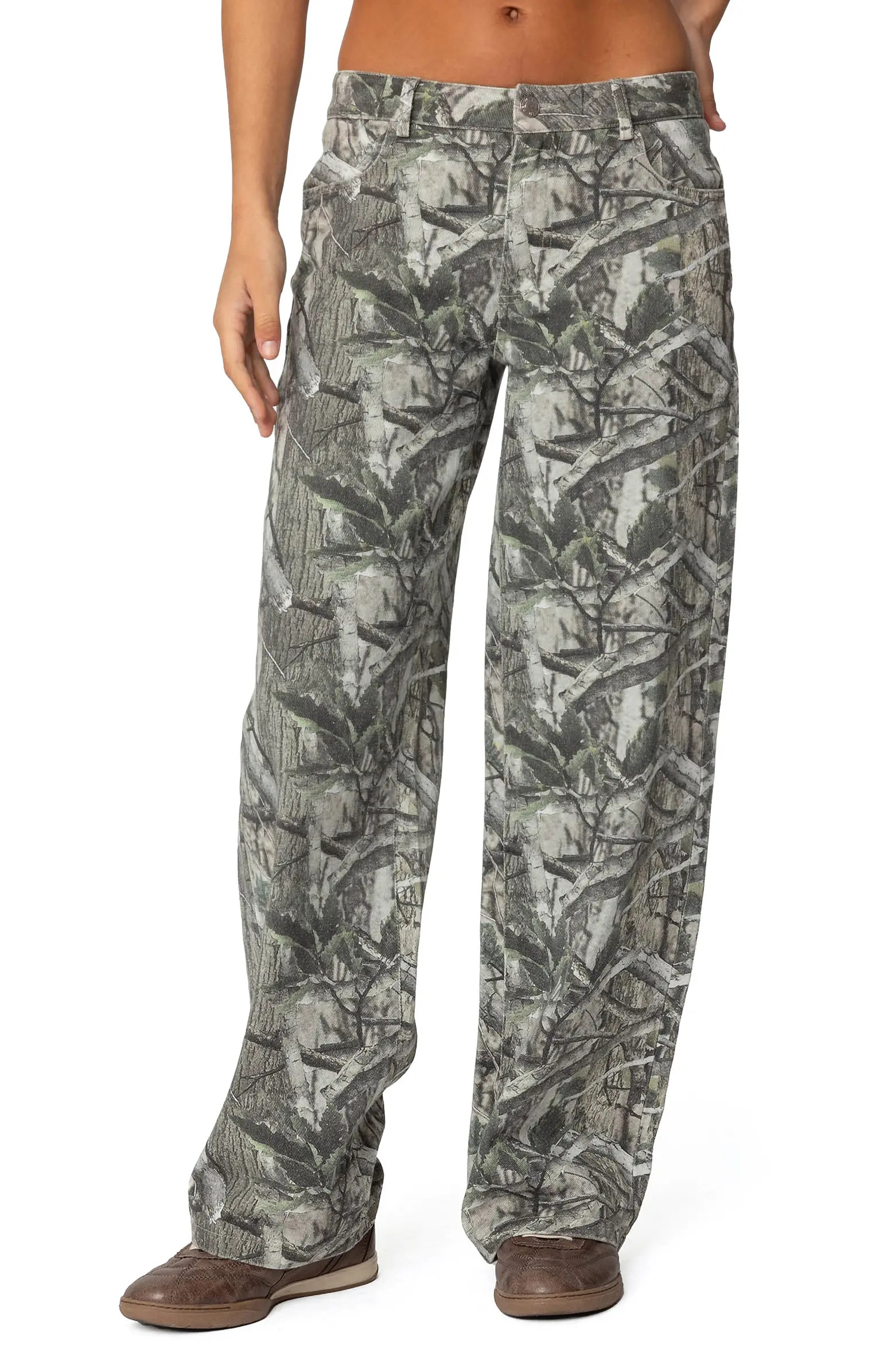 EDIKTED Camo Print Bow Pocket Low Rise Wide Leg Jeans | Nordstrom | Nordstrom