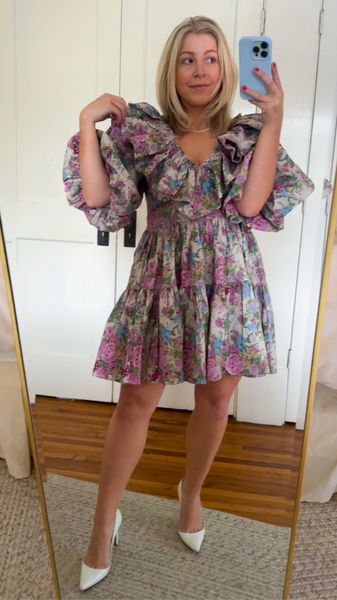 Pink floral ruffle dress on sale for under $100 - perfect spring dress for a baby shower guest dress or a bridal shower guest dress! 

Fits TTS. Wearing a small!

#LTKSpringSale #LTKSeasonal #LTKsalealert