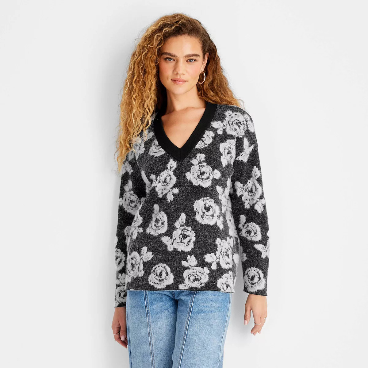 Women's V-Neck Rose Print Sweater - Future Collective Black Floral XXS | Target