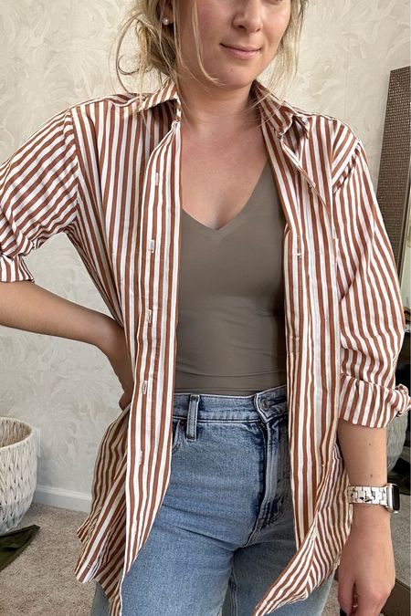 Striped button up shirt 
Walmart finds 
Rust stripes brown and white stripe orange and white stripe top fall style fall outfit 
Thanksgiving shirt 

#LTKSeasonal #LTKsalealert #LTKHoliday