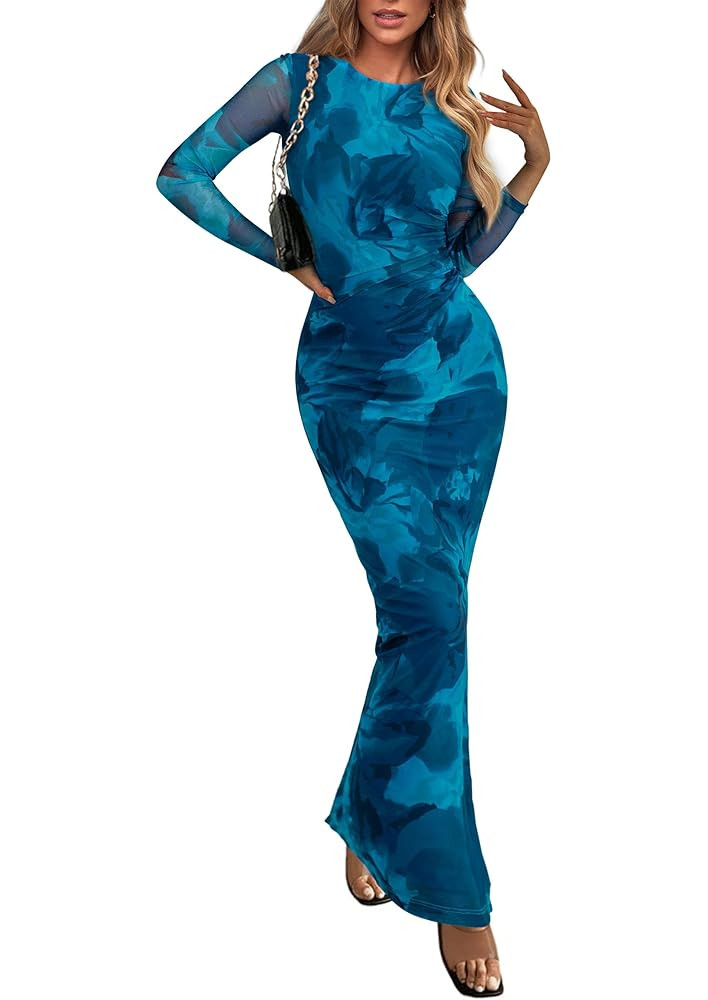 PRETTYGARDEN Women's Bodycon Maxi Dress Fall Spring Fashion Long Sleeve Floral Print Tight Fitted... | Amazon (US)