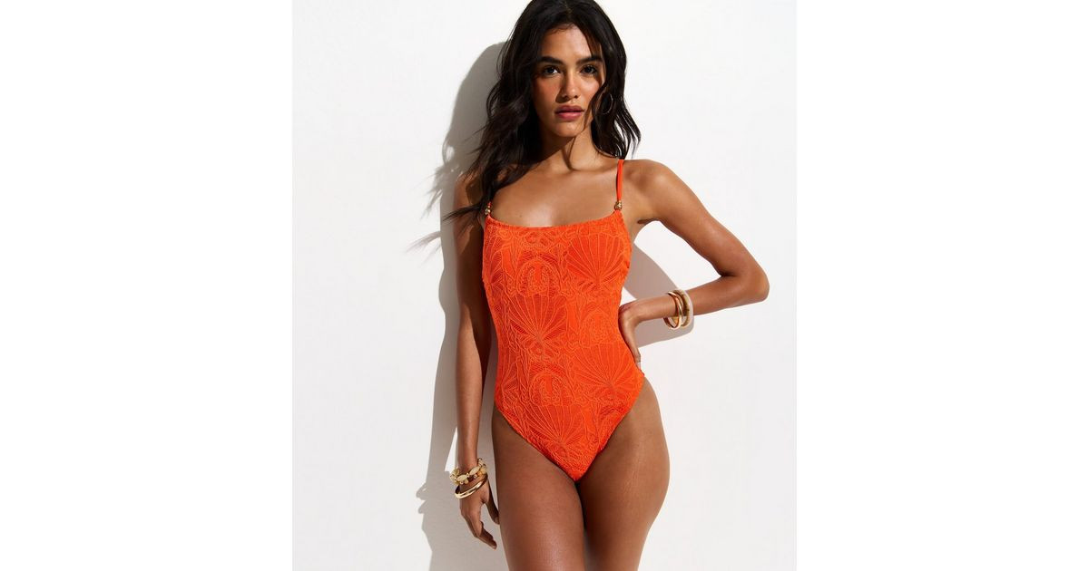 Bright Orange Crochet Beaded Swimsuit | New Look | New Look (UK)