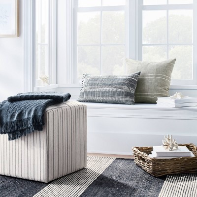 Lynwood Square Upholstered Cube Ottoman Cream Wide Stripe - Threshold™ designed with Studio McGee: Transitional Style, Wood Frame | Target