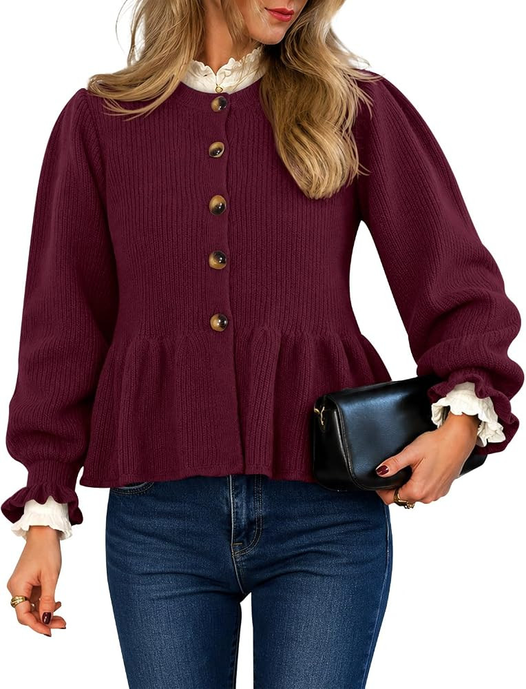 Saodimallsu Womens Cropped Cardigan Fall Ruffle Sleeve Button Up Sweater | Amazon (US)