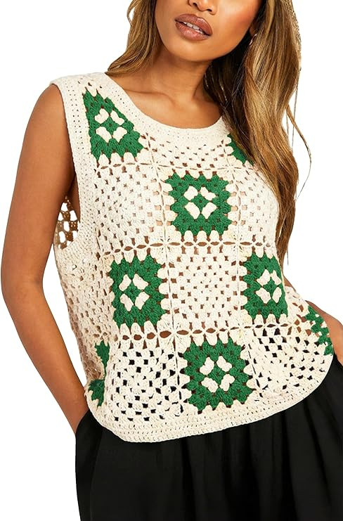 Allimy Womens Patchwork Hollow Out Checkered Crewneck Crochet Knit Tanks Tops Sleeveless Blouses ... | Amazon (US)
