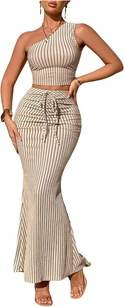SOLY HUX Women's 2 Piece Vacation Outfits Striped Ruched One Shoulder Crop Top and Bodycon Maxi S... | Amazon (US)