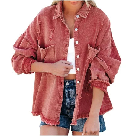 kakina CMSX Clearance Women s Casual Washed Worn Hole Loose Denim Jacket Oversized Denim Jacket Boyf | Walmart (US)