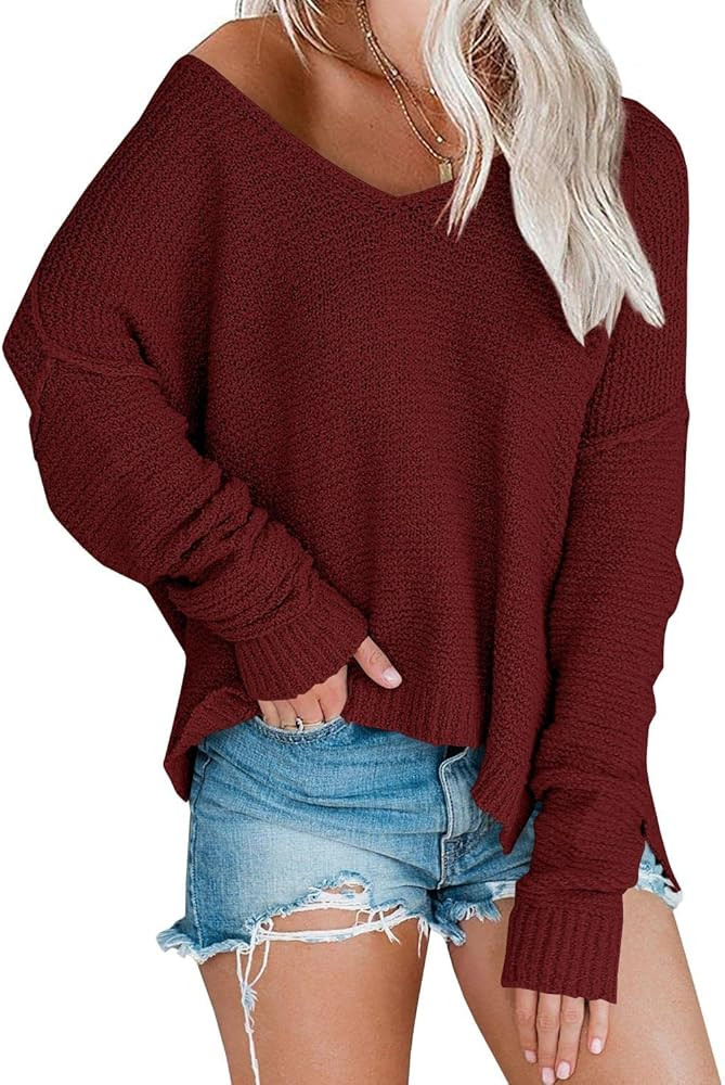 Women’s Off Shoulder Knit Sweaters Oversized V Neck Long Sleeve Loose Lightweight Pullover Tops | Amazon (US)