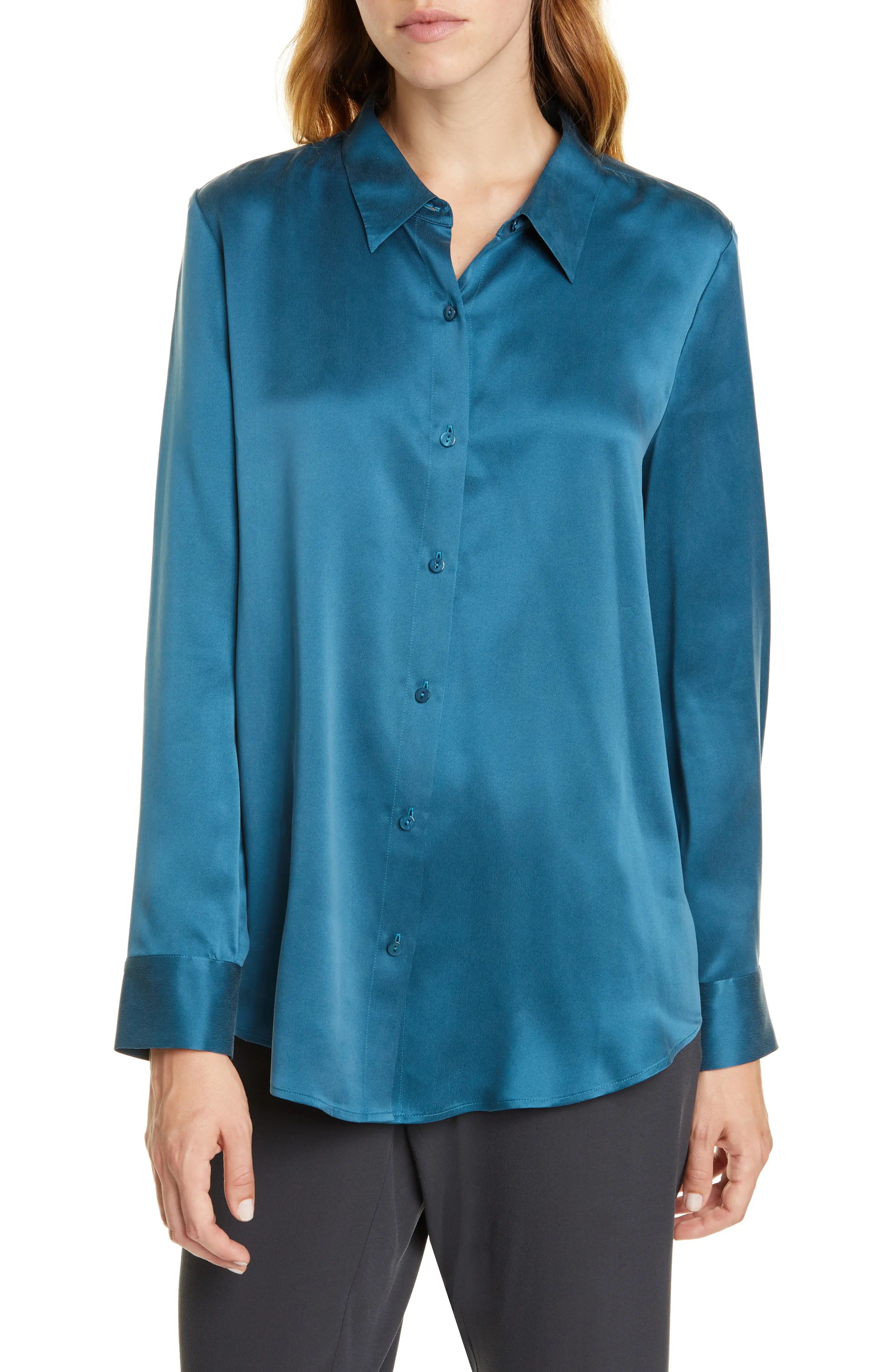 Petite Women's Eileen Fisher Silk Shirt, Size Large P - Blue/green | Nordstrom