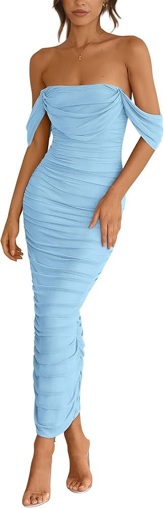PRETTYGARDEN Womens Summer Off The Shoulder Dress Ruched Bodycon Sleeveless Split Cocktail Party ... | Amazon (US)