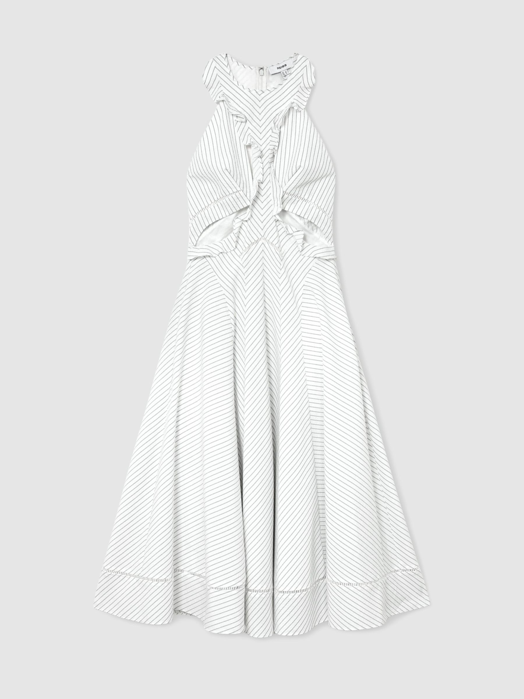 Striped Ruffle-Trim Midi Dress in White | Reiss US