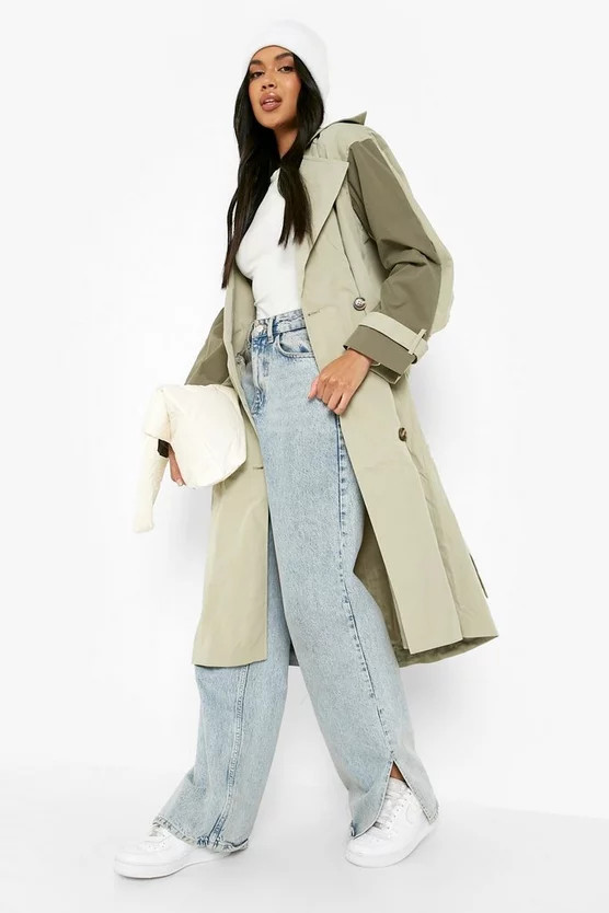 Contrast Panel Belted Trench Coat | Boohoo.com (UK & IE)