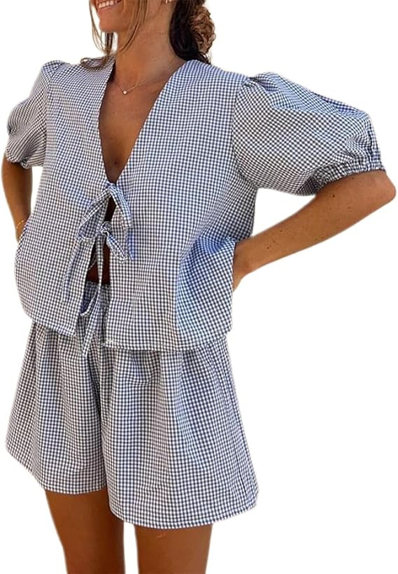 KMBANGI Women Y2K 2 Piece Shorts Set Peplum Puff Sleeve Babydoll Shirt Blouse Shorts Tie Front 2 ... | Amazon (US)