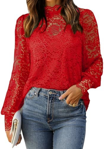 HOTOUCH Lace Tops for Women Sheer Long Sleeve Blouses Dressy Casual Shirt with Camisole 2 PCS Set... | Amazon (US)