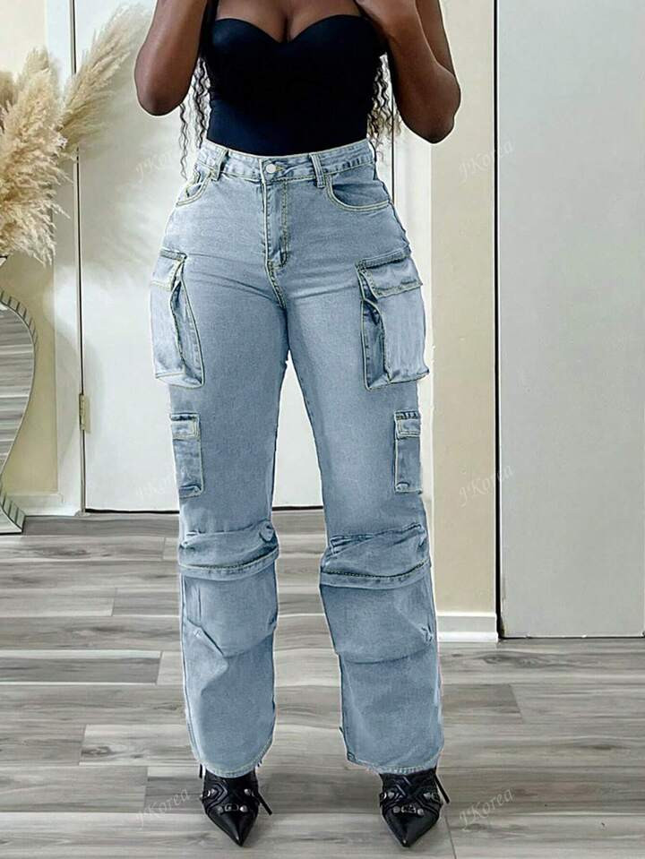 American Street Fashion Popular Women's Mid-Waist Multi-Pocket Work Jeans | SHEIN