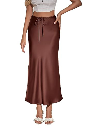 Womens Satin High Waisted Maxi Skirt Elegant Silky A Line Long Skirts Chocolate,L | Amazon (US)