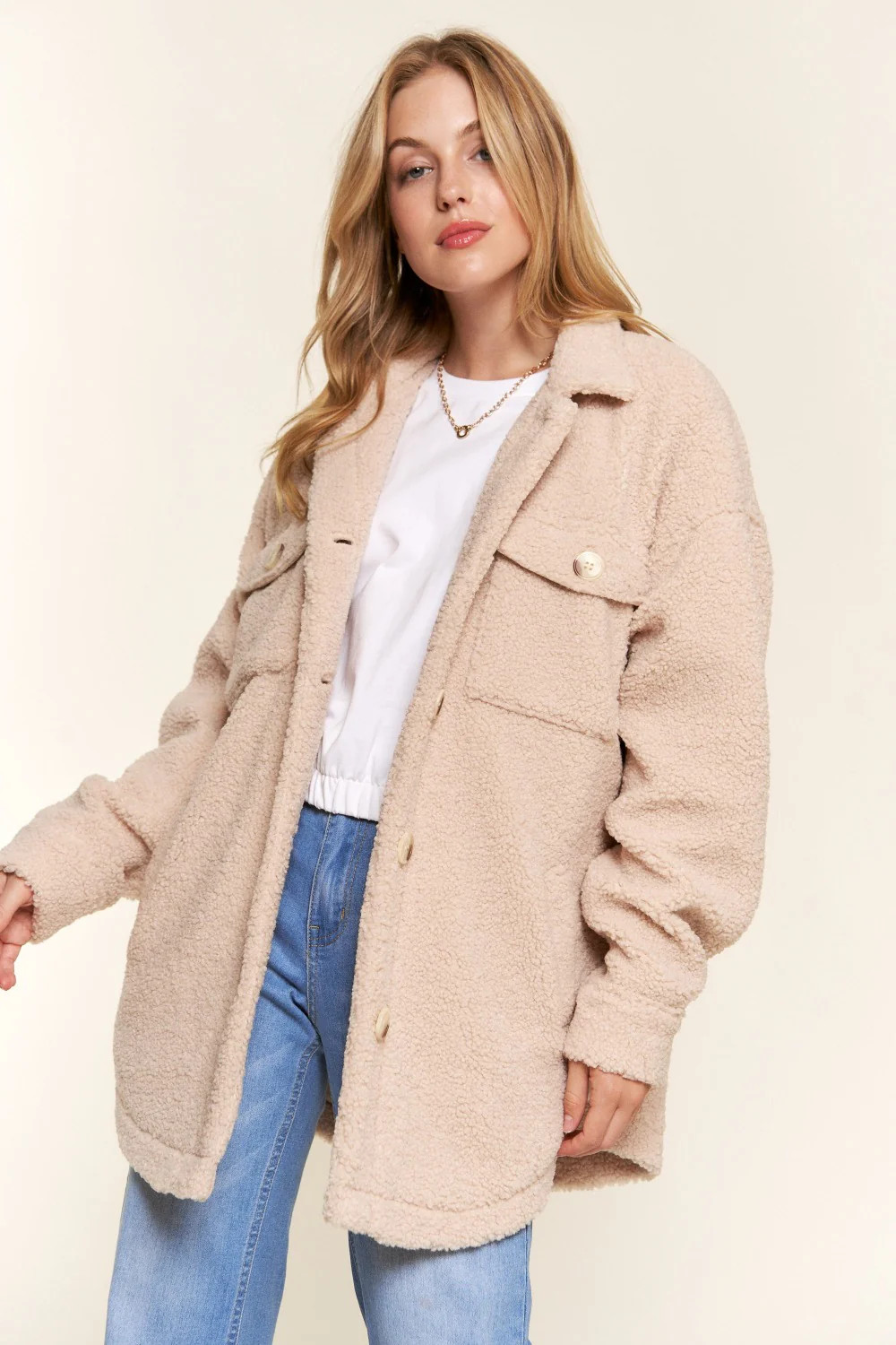 Teddy Sherpa Button Down Curved Hem Shacket XL | Casual Chic Boutique