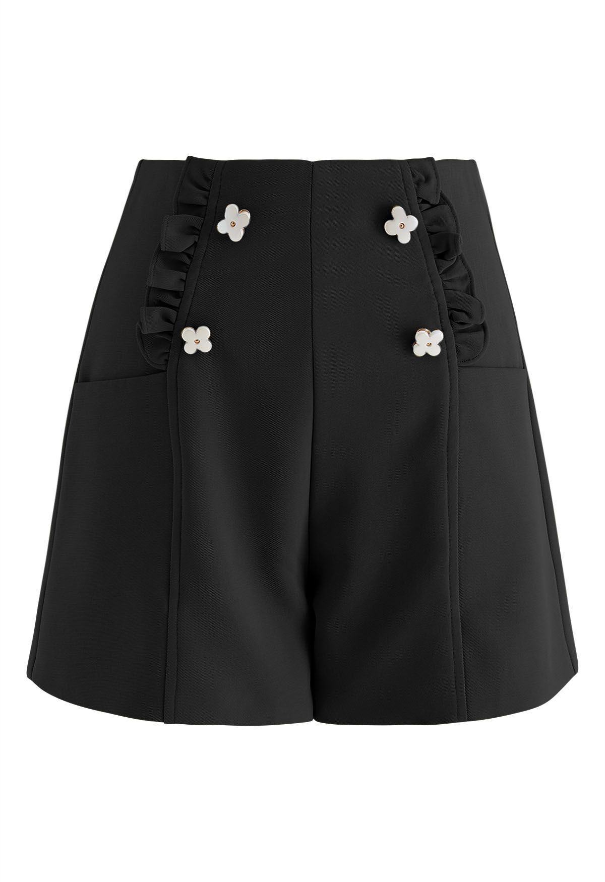 Adorable Flower Ruffle Trim Shorts in Black | Chicwish