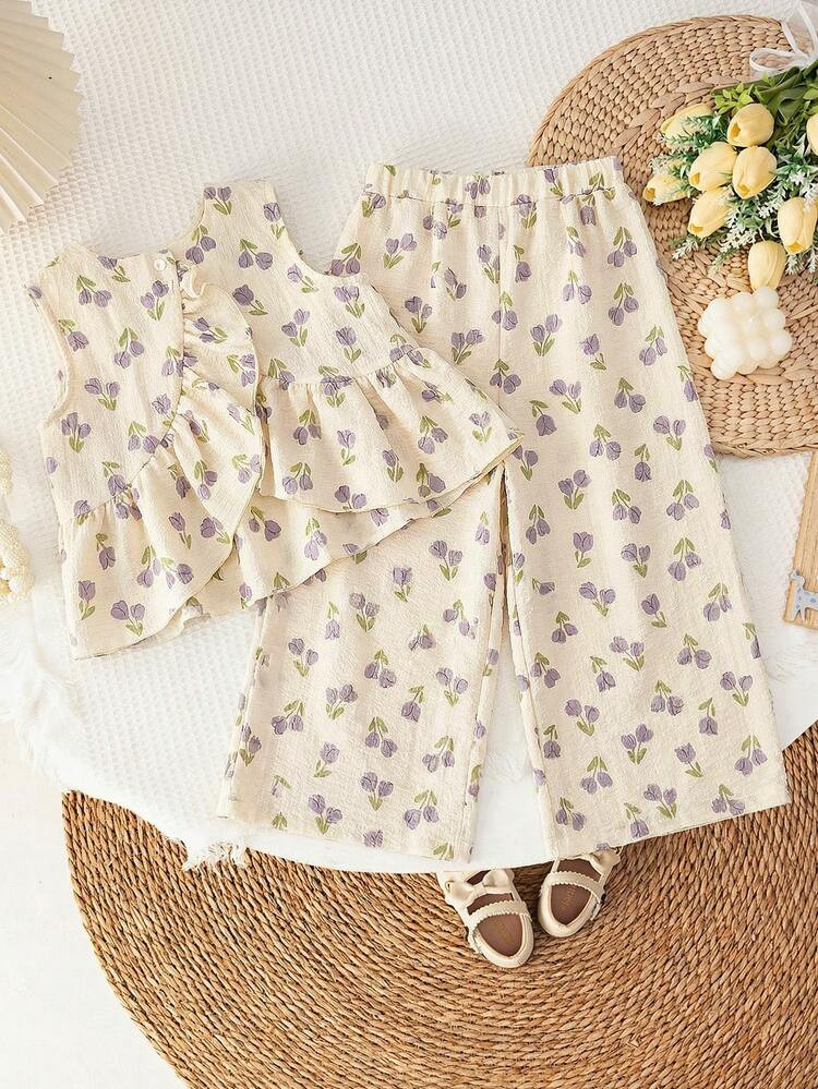 SHEIN LMoss Kids Young Girl Ditsy Floral Ruffle Hem Camisole And Casual Pants Set, Vacation | SHEIN