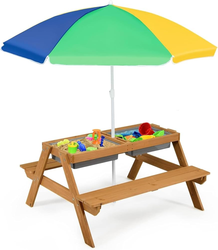 HONEY JOY Kids Picnic Table, 4 in 1 Cedar Wooden Sand & Water Table w/ 2 Removable Box & Umbrella... | Amazon (US)