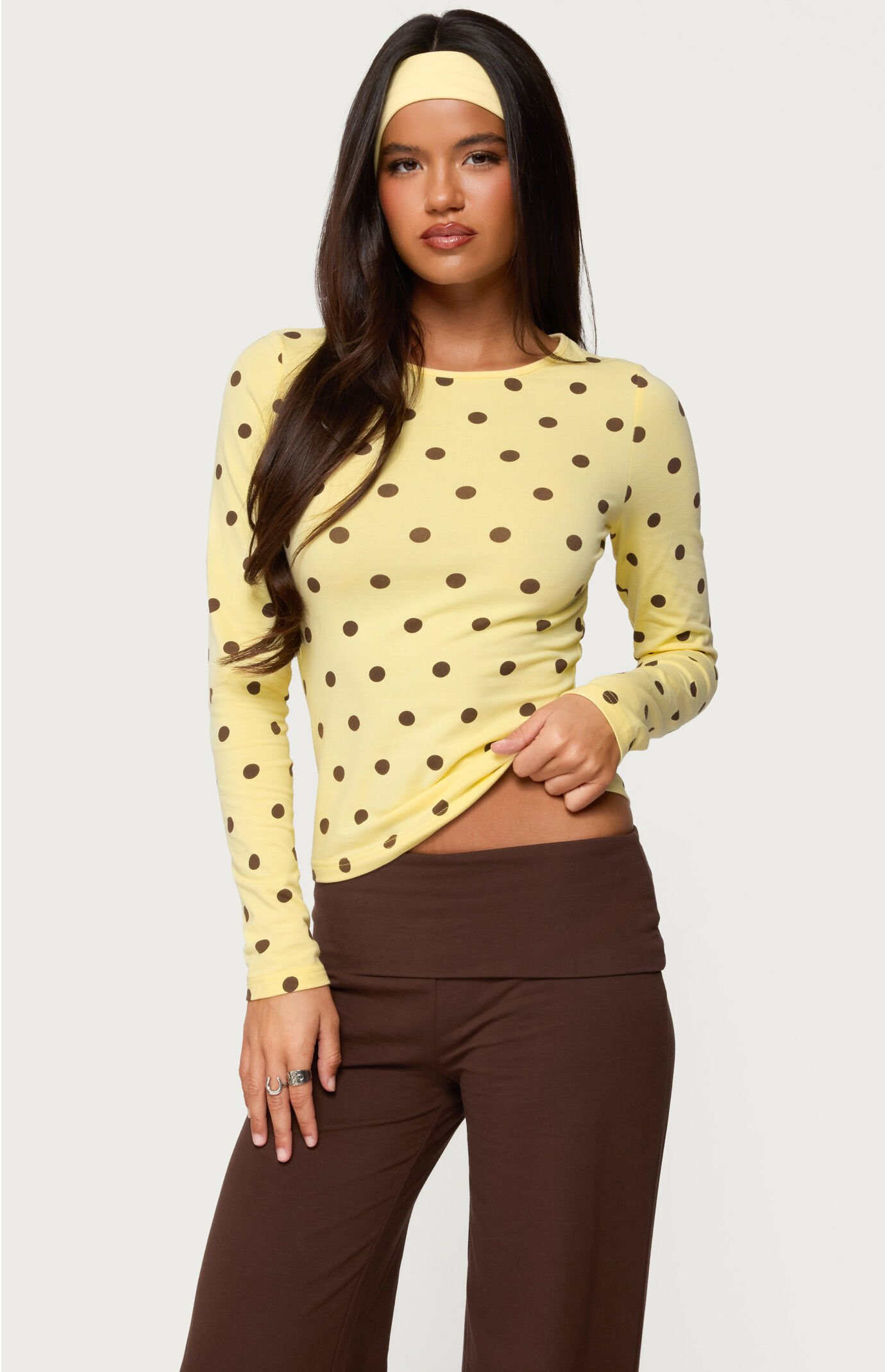 Edikted Women's Maricelle Polka Dot Long Sleeve T-Shirt in Yellow - Size Large | PacSun