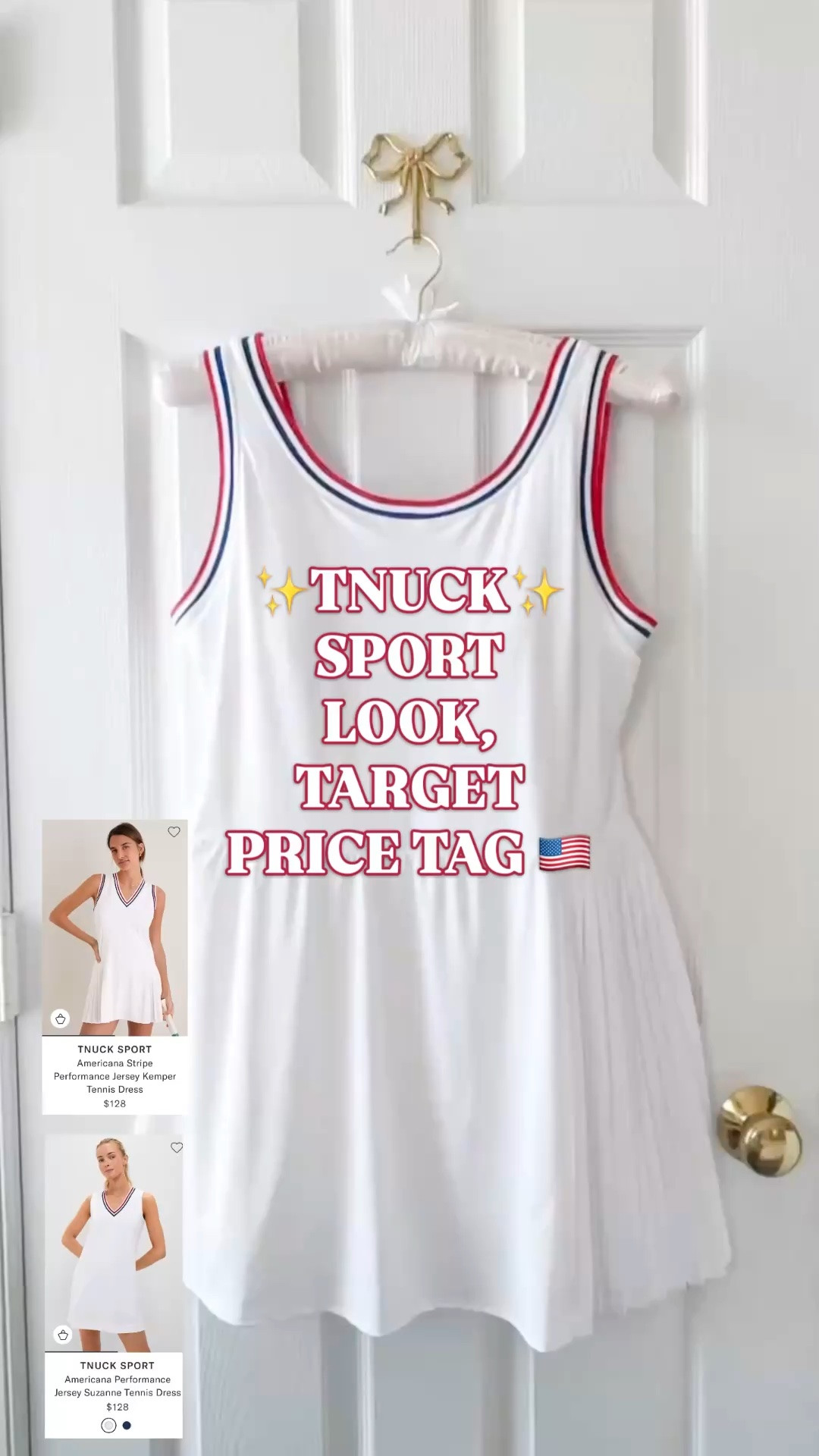 TNuck Sport look for less, Target active dress, white tennis dress, Memorial Day outfit

This Target active dress is giving the $128 TNuck Sport Suzanne and Kemper tennis dress look for way less, and it is exactly the kind of sporty preppy find that makes summer outfits easy.

The white active dress. The red and navy striped trim. The pleated skirt. The clean tennis dress shape. It has that polished Americana country club look women love from TNuck Sport, Ralph Lauren, and J.Crew, but with a Target price tag.

This is made from a nylon and spandex blend, so it has that smooth activewear feel. It has built-in shorts, a built-in shelf bra, moisture-wicking fabric, quick-dry fabric, UPF 50+, and the attached shorts are bathroom friendly. 

Wear it for tennis, pickleball, golf, errands, school pickup, coffee runs, lake weekends, beach trips, Memorial Day, Fourth of July, Labor Day, or any summer day when you want to look sporty, classic, and preppy. 

If you love TNuck Sport, Tuckernuck inspired active dresses, Ralph Lauren Americana style, J.Crew preppy style, Target finds, Target style, tennis outfits, golf outfits, pickleball outfits, active dresses, workout dresses, and the designer look for less, this one is such a good look for less.

Target active dress, TNuck Sport look for less, Tuckernuck inspired dress, Suzanne tennis dress look for less, Kemper tennis dress look for less, white tennis dress, active dress women, workout dress women, tennis outfit women, golf dress women, pickleball dress women, Memorial Day outfit, Fourth of July outfit, Americana style, preppy summer outfit, Target finds, Target style, going viral

#LTKFindsUnder50 #TargetFinds #TennisDress #ActiveDress #TnuckSport #LookForLess #MemorialDayOutfit #PreppyStyle #Tuckernuck

#LTKActive #LTKfitnessgoals #LTKTall