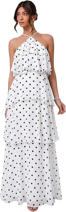 SOLY HUX Women's Sundresses Ruffle Layered Halter Flowy Maxi Dress Elegant Wedding Guest Dresses | Amazon (US)