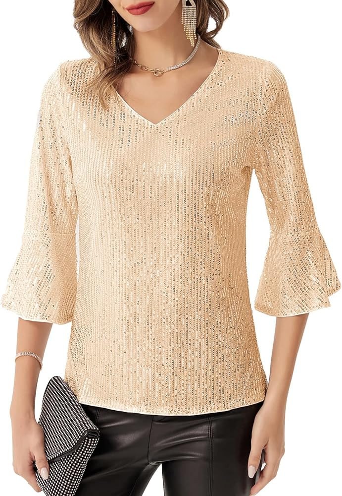 GRACE KARIN Sequin Tops for Women 3/4 Bell Sleeve V-Neck Cut-Out Shiny Metallic Sparkly Glitter P... | Amazon (US)