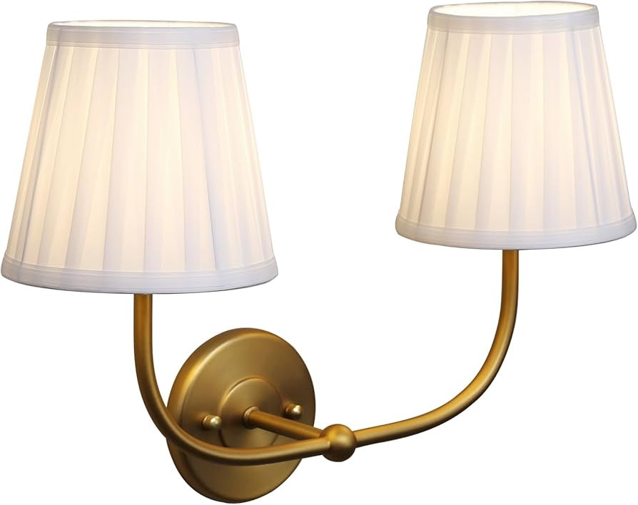 PERMO Vintage Wall Sconce Double Gold Wall sconces with Pleated White Stripe Fabric Shades Retro ... | Amazon (US)