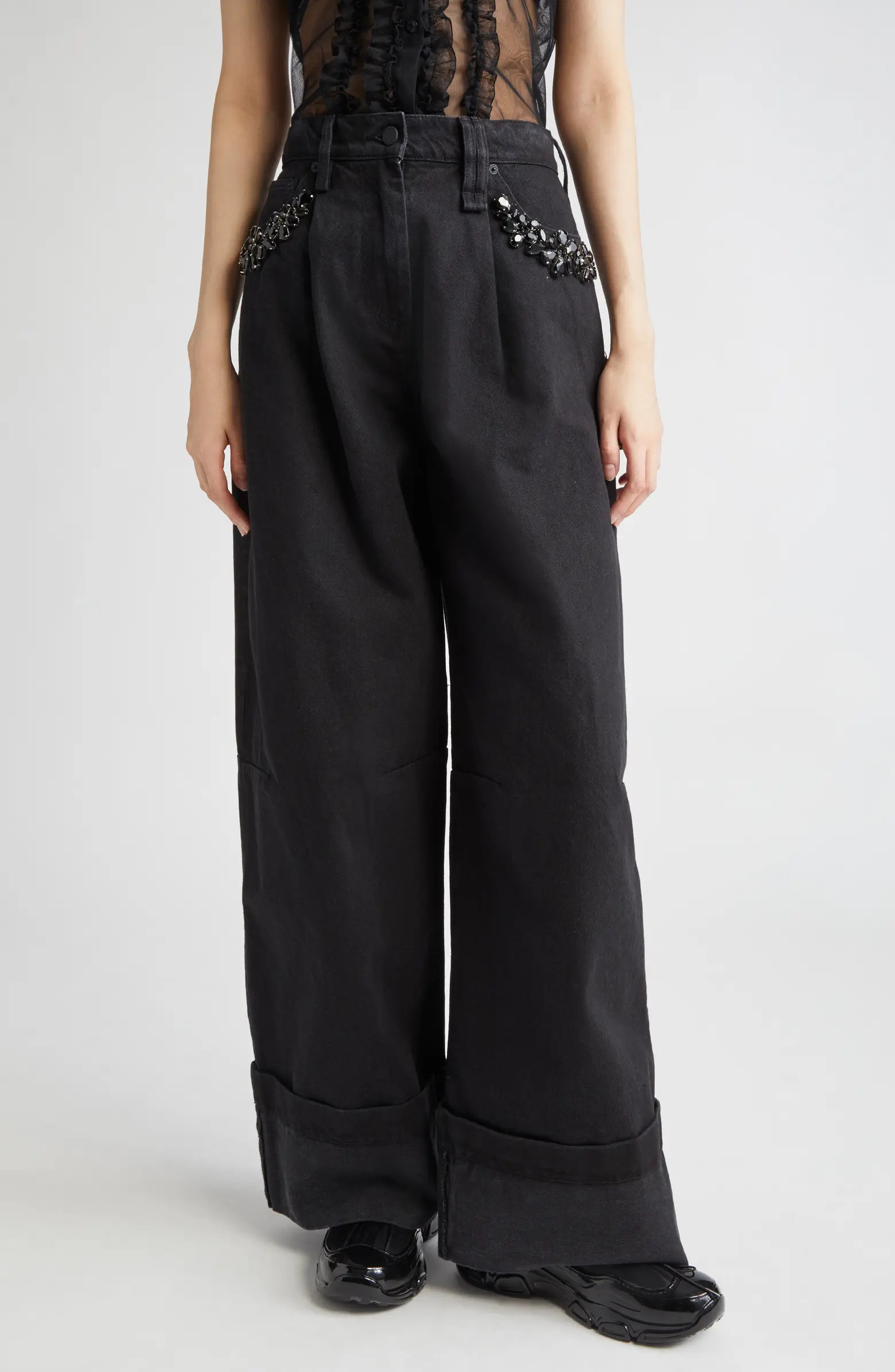 Simone Rocha Turbo Crystal Embellished Wide Leg Puddle Carpenter Jeans | Nordstrom | Nordstrom